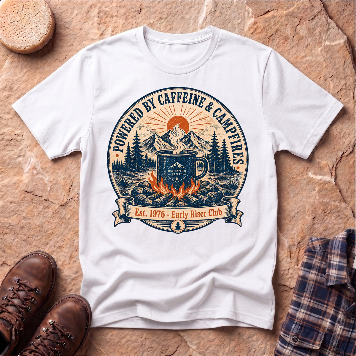Caffeine and Campfires Unisex T-Shirt
